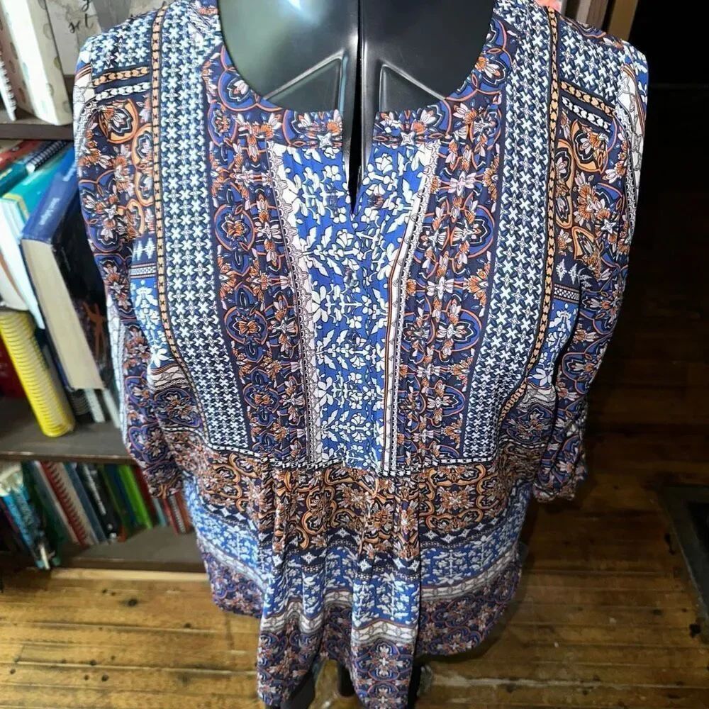 Daniel Rainn blue Scandinavian split neck artsy PS peasant blouse